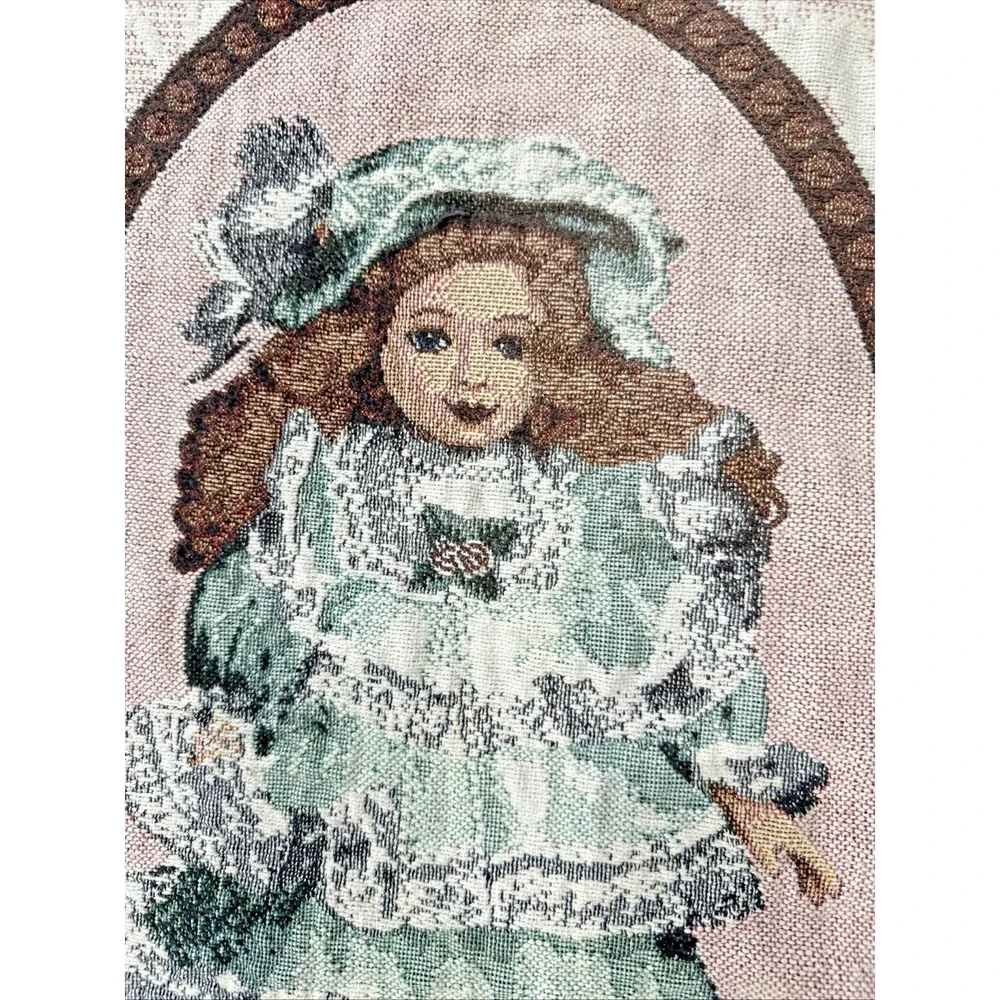 Vintage Victorian Porcelain Doll Woven Tapestry Throw Blanket Fringe 64x49